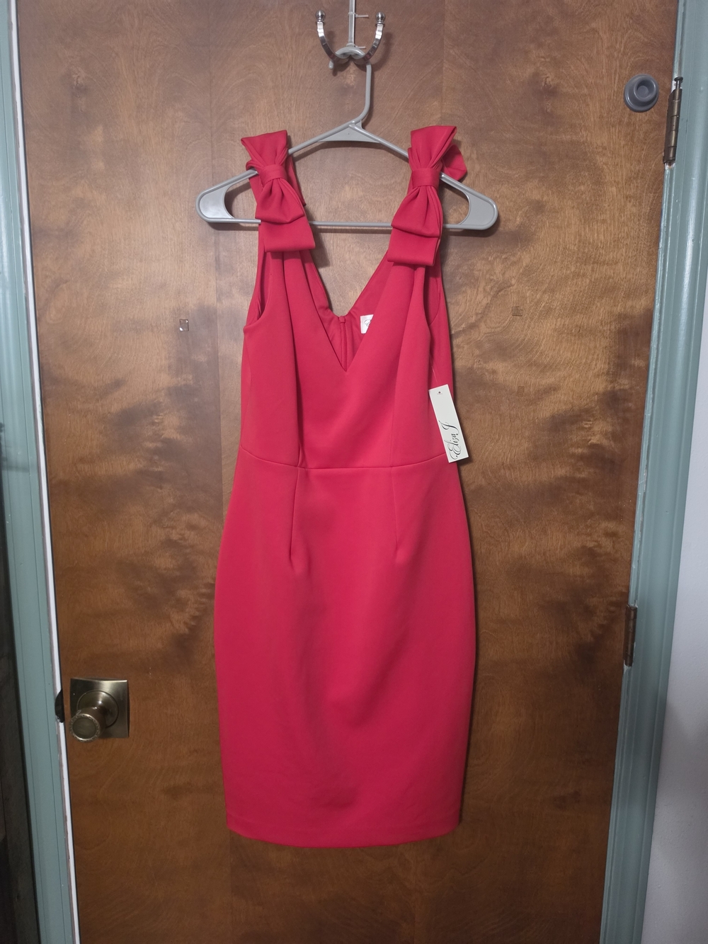 Eliza J Crimson Bow-Shoulder Midi Sheath Dress